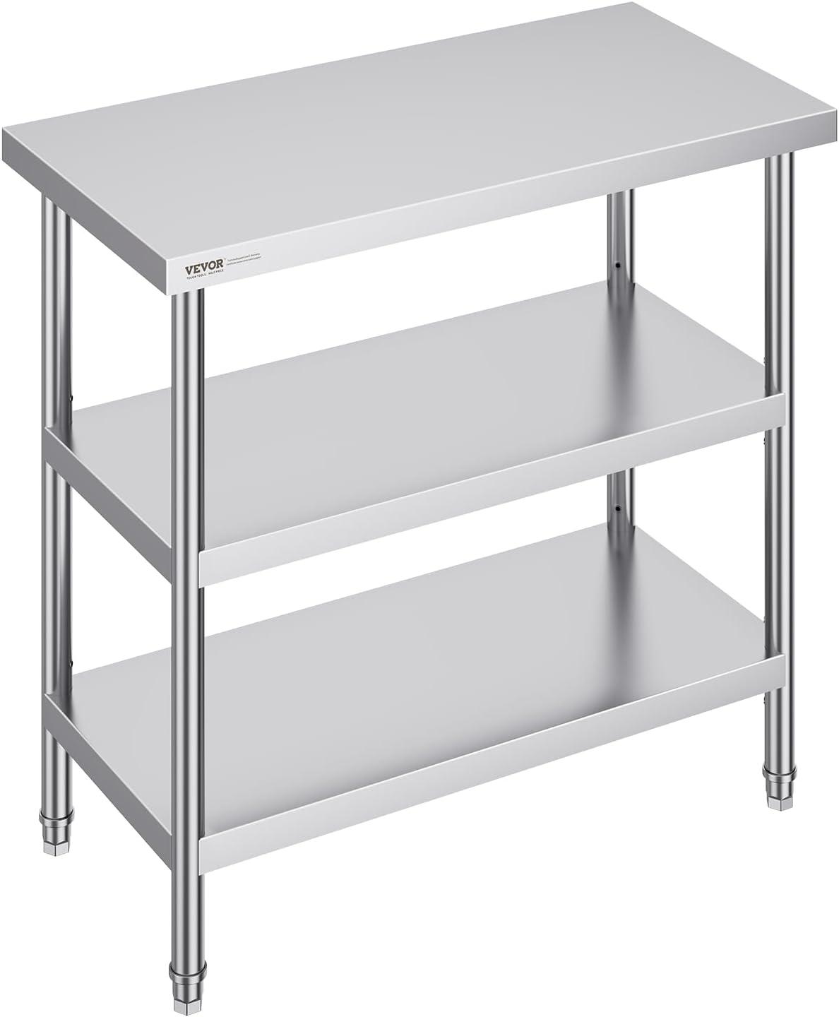VEVOR Stainless Steel Food Prep Table, 18 x 36 x 34 Inch Commercial Kitchen Worktable, with 2 Adjustable Undershelf, Heavy Duty Prep Table