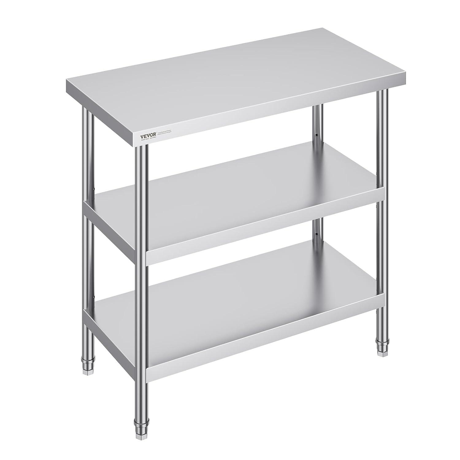 VEVOR Stainless Steel Food Prep Table, 18 x 36 x 34 Inch Commercial Kitchen Worktable, with 2 Adjustable Undershelf, Heavy Duty Prep Table