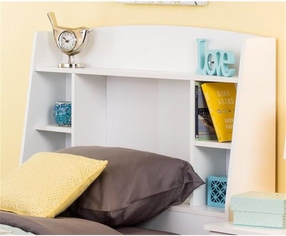 White Twin Wood Bookcase Headboard with Storage