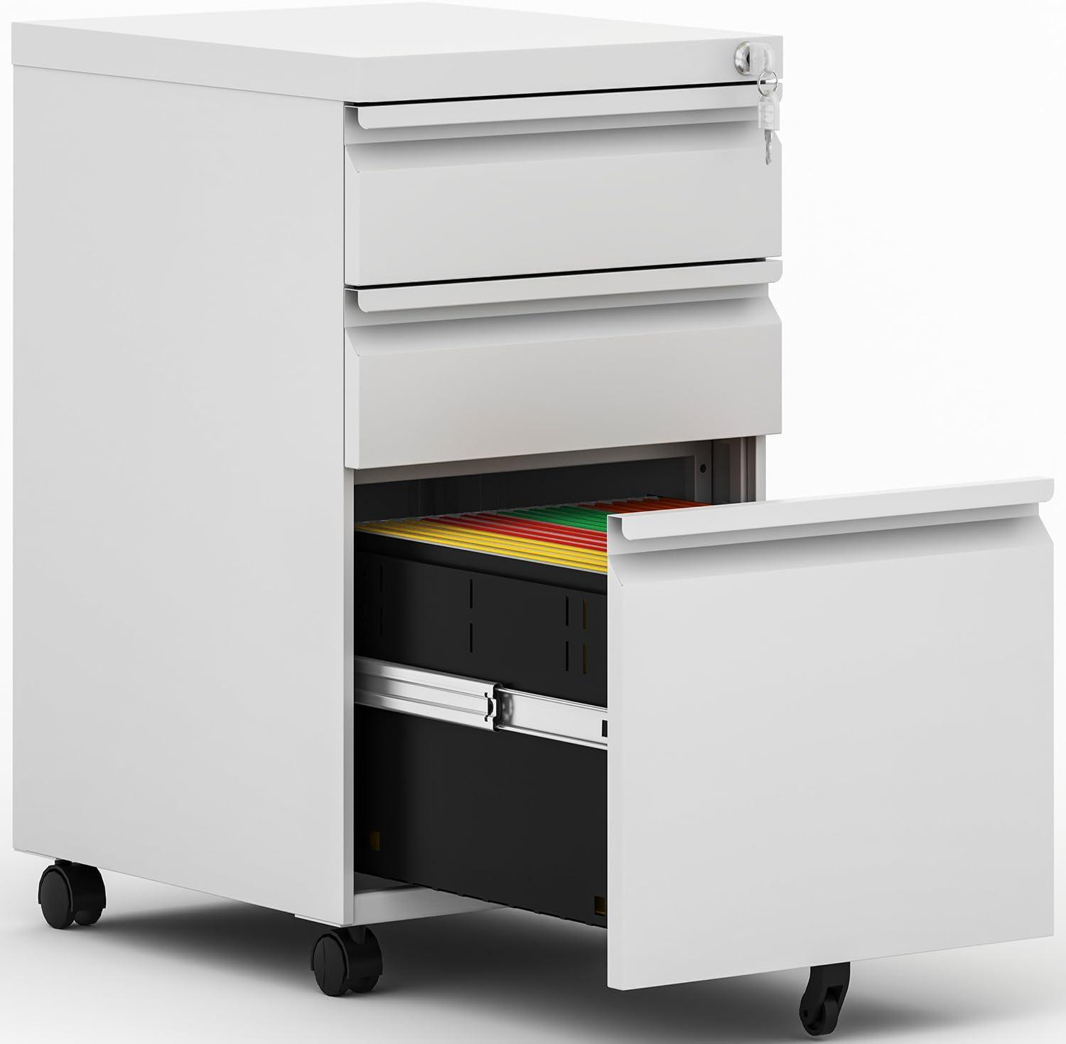 3 Drawer Mobile File Cabinet, Metal Filing Cabinets with Lock Wheels Under Desk, Lockable Rolling File Cabinet for Home Office, Fit Letter/Legal/A4 Size (White)