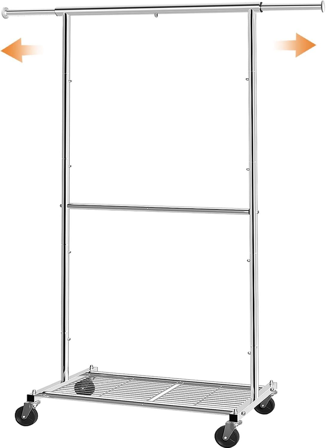 Medium Silver Rolling Garment Rack with Bottom Shelf