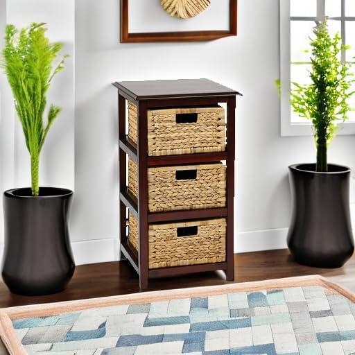 OSP Home Furnishings Seabrook Three-Tier Storage Unit With Espresso Finish and Natural Baskets