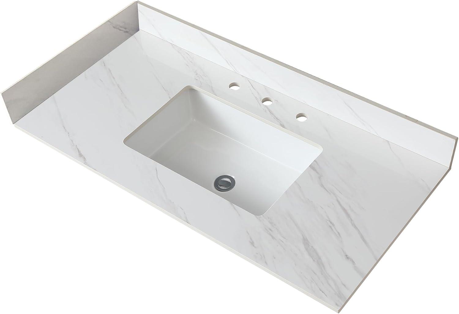 Tech Cube 43 Inch Marble Vanity Top, White Vanity Top With Pre-Drilled Faucet Holes, Bathroom Vanity Top With Undermount Rectangular Middle Sink And 4" Height Backsplash,  Bianco Carrara Venato TCYX14547A