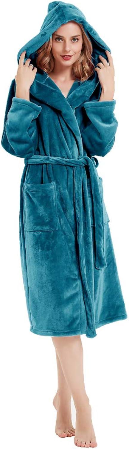 PAVILIA Fleece Robe For Women, Plush Warm Bathrobe, Fluffy Soft Spa Long Lightweight Fuzzy Cozy, Satin Trim (With Hood - Sea Blue, Large-X-Large)