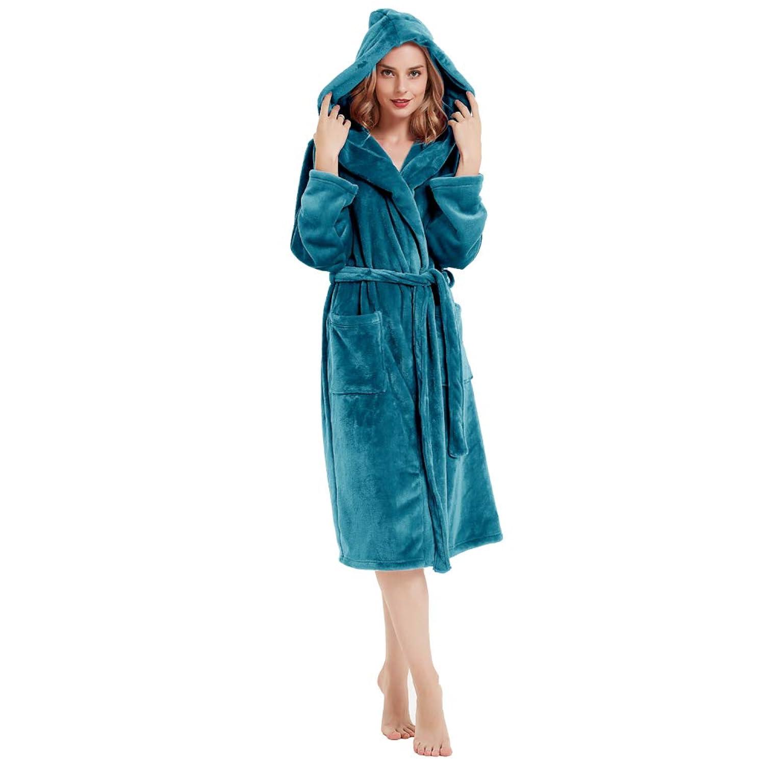 PAVILIA Fleece Robe For Women, Plush Warm Bathrobe, Fluffy Soft Spa Long Lightweight Fuzzy Cozy, Satin Trim (With Hood - Sea Blue, Large-X-Large)