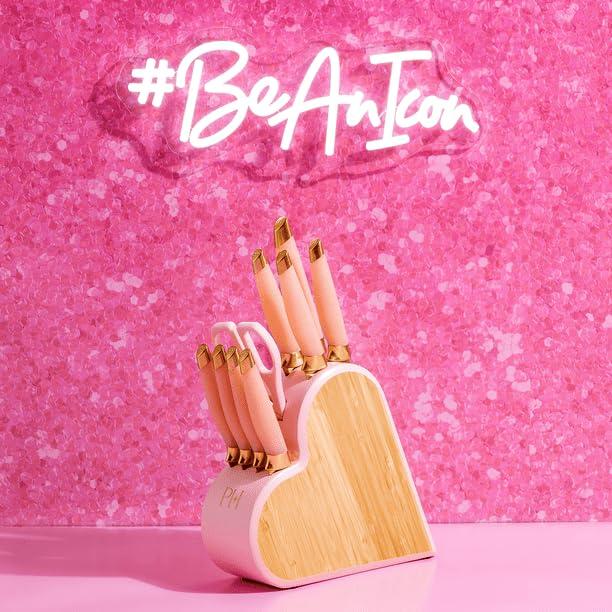 Paris Hilton Juego de Bloques de Cuchillos de Acero Inoxidable en Forma de Corazón de 10 Piezas, Rosa