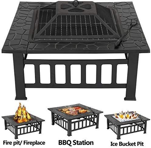 LEMY 32 Inch Outdoor Fire Pit Table, Wood Burning Firepit Stove with Lid for Camping&BBQ, Garden, Backyard