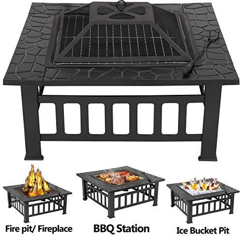 LEMY 32 Inch Outdoor Fire Pit Table, Wood Burning Firepit Stove with Lid for Camping&BBQ, Garden, Backyard
