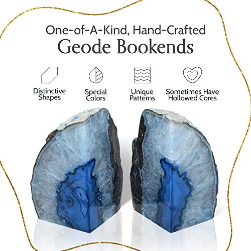 Nature's Decorations Agate Bookends - A Quality Blue Geode with Non-Skid Rubber Bumpers for Shelves, Office, Home Decor - Heavy Duty Cool Crystal Stone Book End Pair for Decoration (3-4 LB)