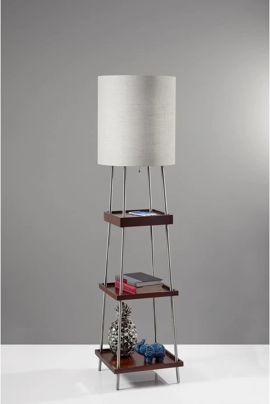 Elegant White Textured Fabric Shelf Floor Lamp with Wireless Charging
