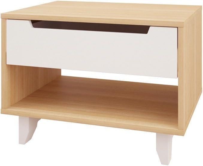 Open Shelf 1 Drawer Nightstand White/Natural Maple - Nexera: Mid-Century Modern Bedside Table, Wood Composite