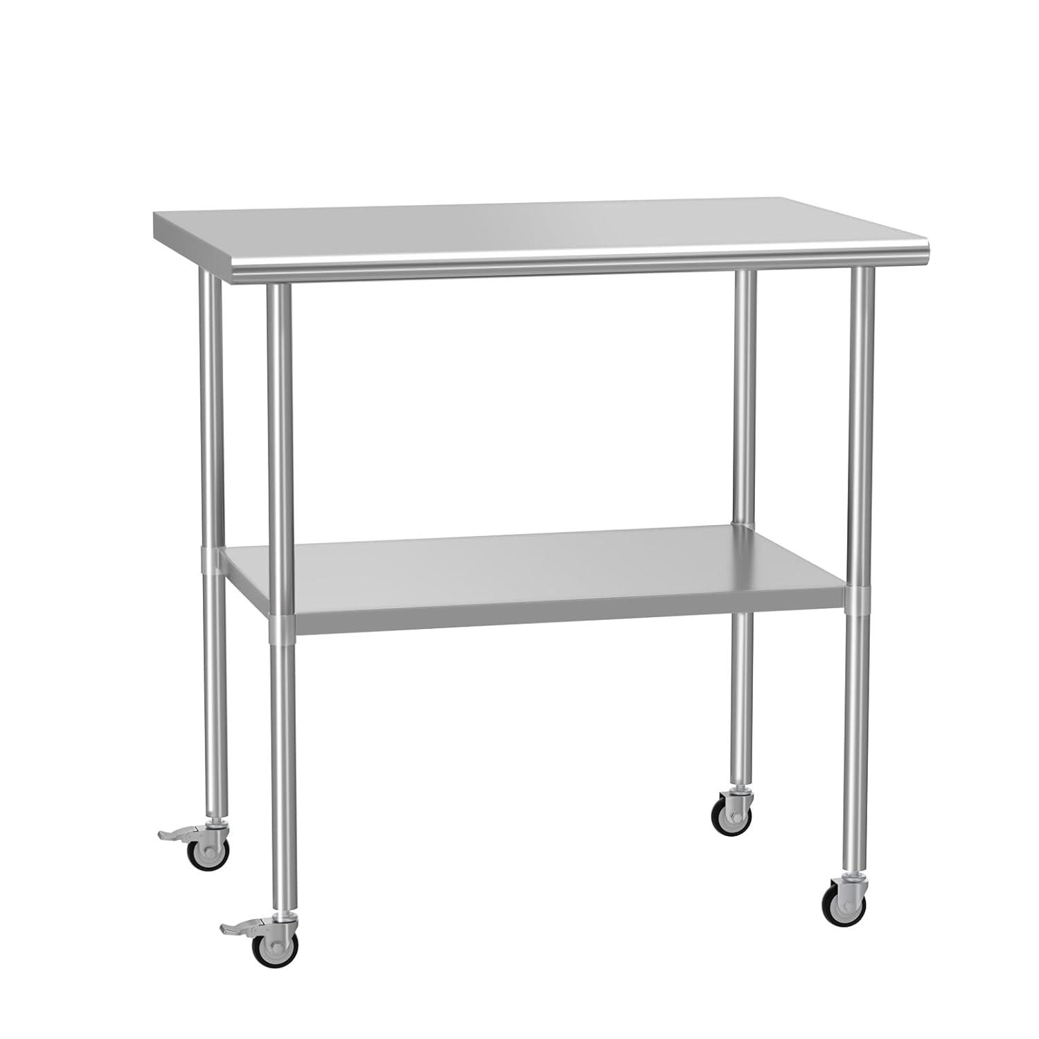 36"x24" Stainless Steel Kitchen Work Prep Table Commercial Workbench With Wheels