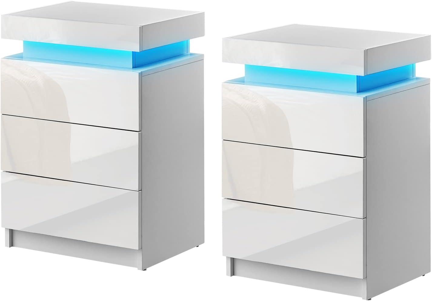 White High Gloss 3-Drawer Nightstand with LED Lights