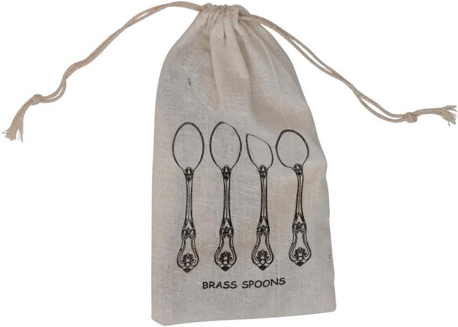 Creative Co-Op Vintage Embossed Brass Drawstring Bag, Set of 4, Antique Silver Finish Spoon