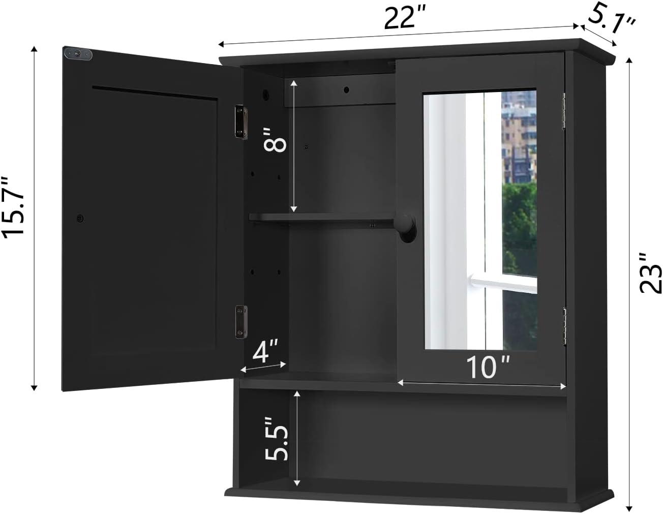 Medicine Cabinet, Medicine Cabinets For Bathroom With Mirror 2 Doors 3 Open Shelf, Bathroom Cabinet Wall Mounted Wooden Storage Over Toilet Laundry Room Kitchen