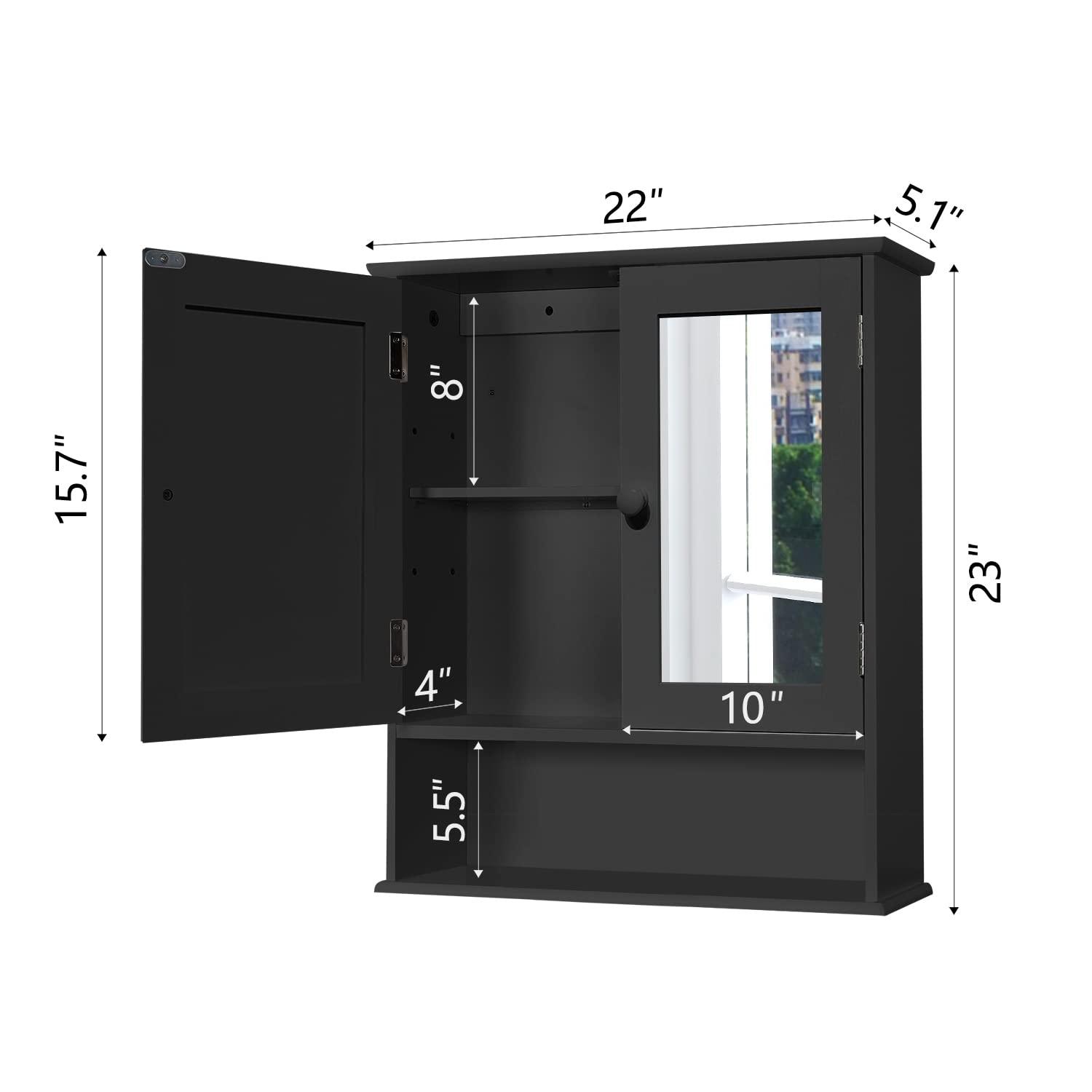 Medicine Cabinet, Medicine Cabinets For Bathroom With Mirror 2 Doors 3 Open Shelf, Bathroom Cabinet Wall Mounted Wooden Storage Over Toilet Laundry Room Kitchen