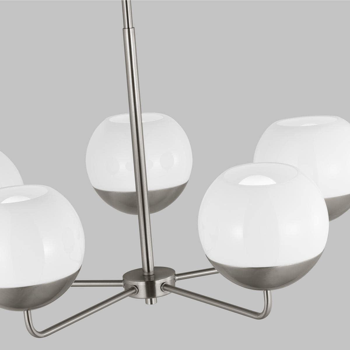 Alvin Midcentury 5-Light Brushed Nickel Chandelier with Milk Glass Shades