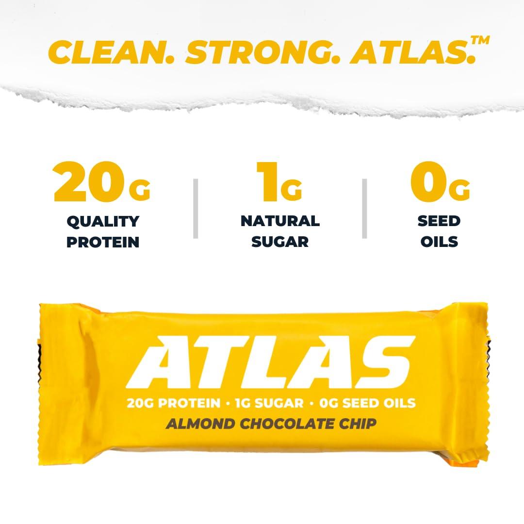 Atlas Bar Grass-Fed Whey Protein Bar, Almond Chocolate Chip, 12 Bars, 1.9 oz (54 g) Each