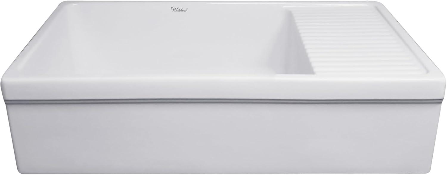 Whitehaus Collection 36” Single Bowl Fireclay Kitchen Sink: Integral Drainboard, Lip Front Apron