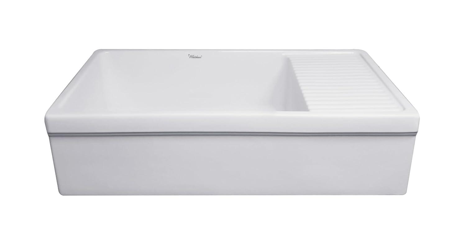Whitehaus Collection 36” Single Bowl Fireclay Kitchen Sink: Integral Drainboard, Lip Front Apron