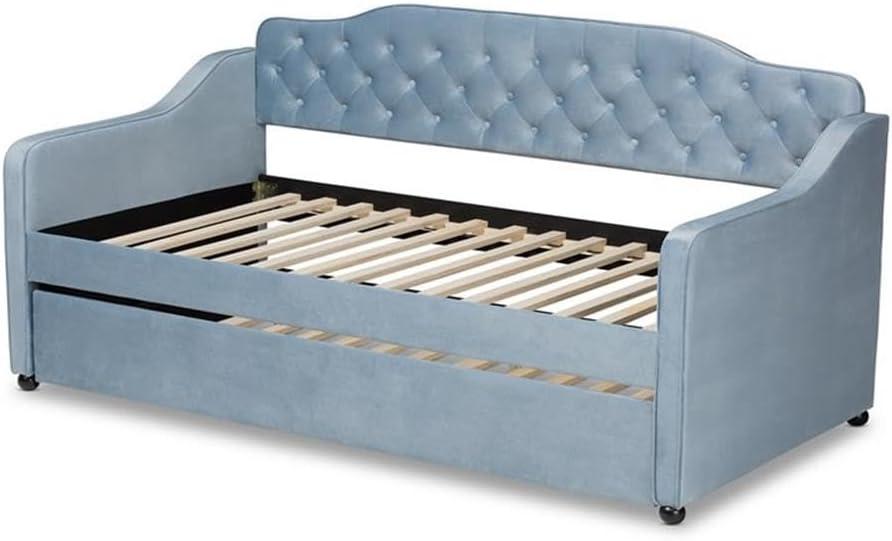 Twin Freda Velvet Tufted Daybed with Trundle Light Blue - Baxton Studio: Upholstered, Mid-Century Modern, No Box Spring Required