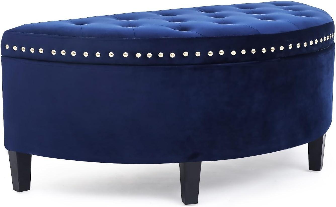 Homebeez 43.5" Half Moon Storage Ottoman, Button Tufted Bedroom Bench for Entryway Living Room, Dark Blue