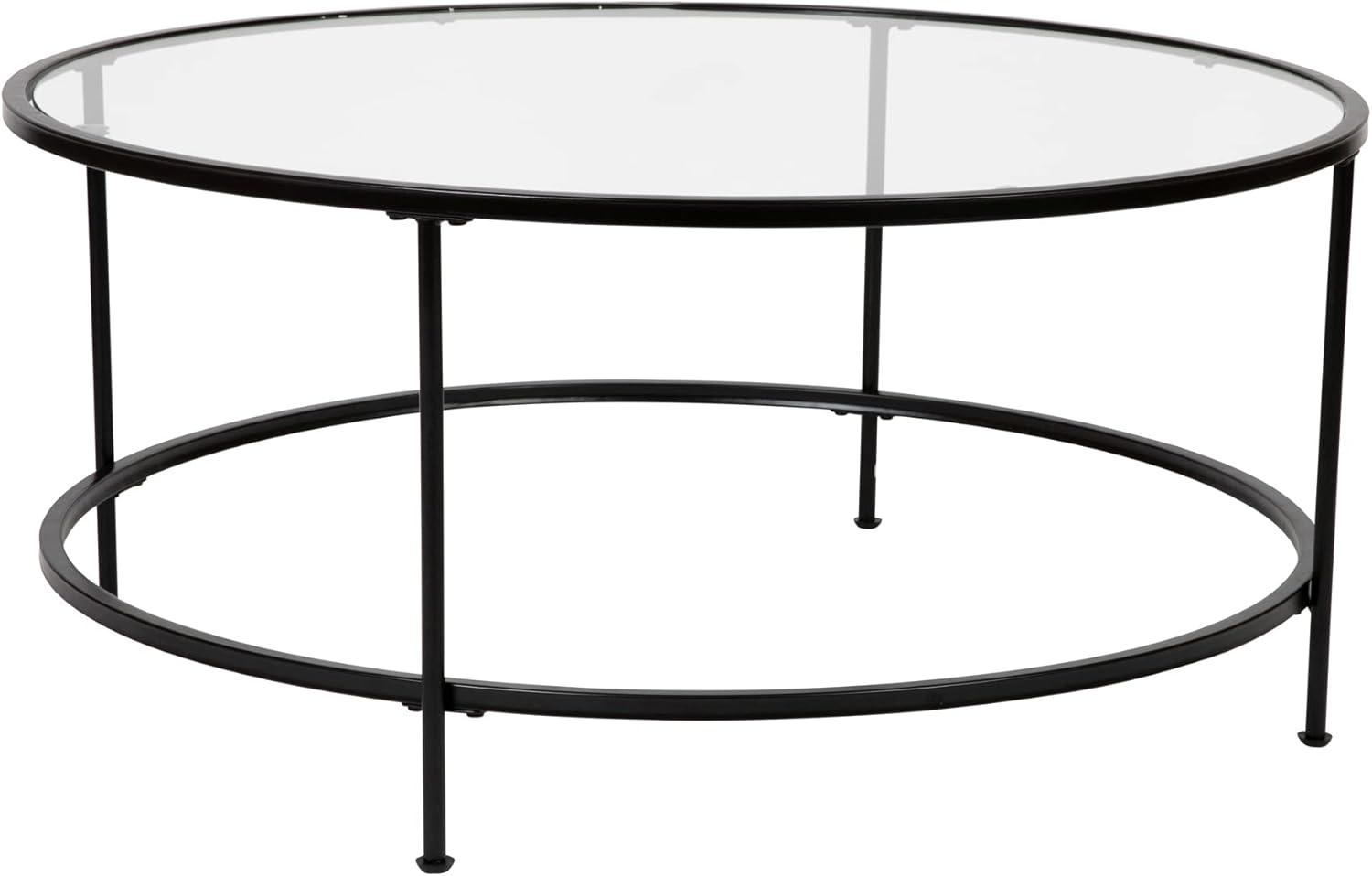 Elegant 35'' Clear Glass Round Coffee Table with Matte Black Frame