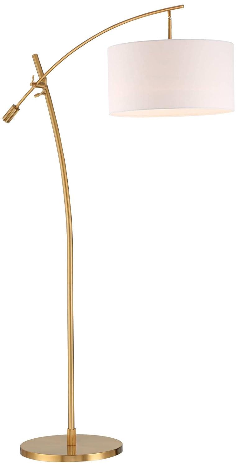 Possini Euro Design Raymond Modern Arc Floor Lamp 69" Tall Warm Gold Adjustable Boom Arm White Linen Drum Shade for Living Room Reading Office House