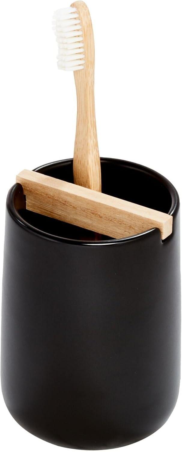 Black Ceramic Toothbrush Holder with Wood Divider