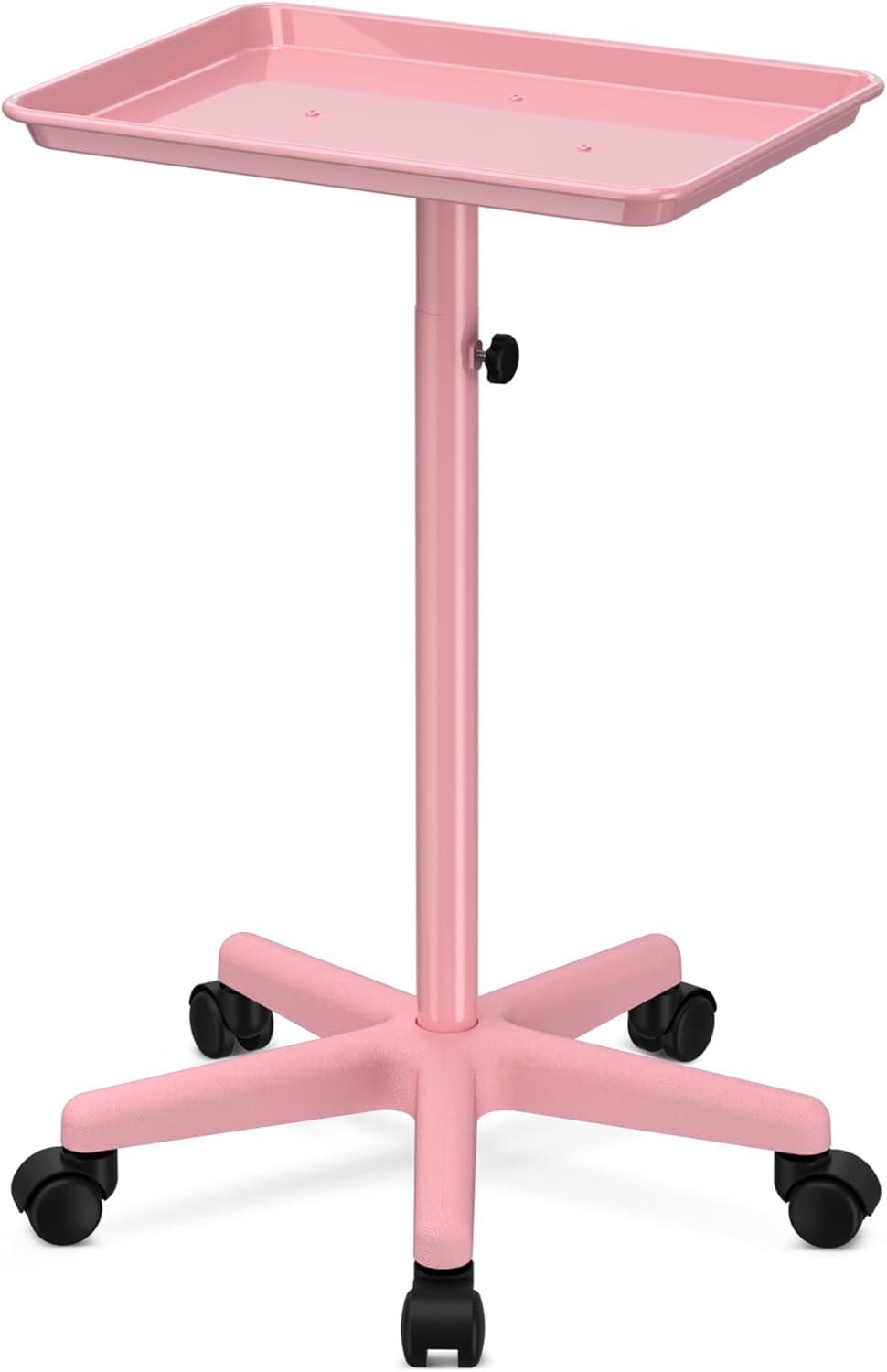 Salon Tray,Height Adjustable Salon Service Rolling Cart,Hair Color Tray with Wheels,Pink