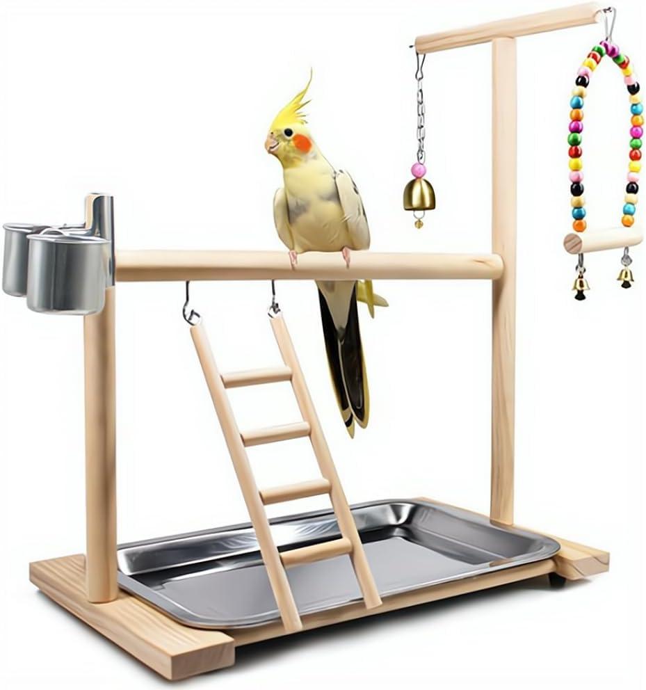 Bird Playground Parrot Playstand, Stand Fun Straw Bell Toys, Ladder Hanging Swing Chew Exercise Toys, for Conure Macaw Cockatiel Finch Small Animals