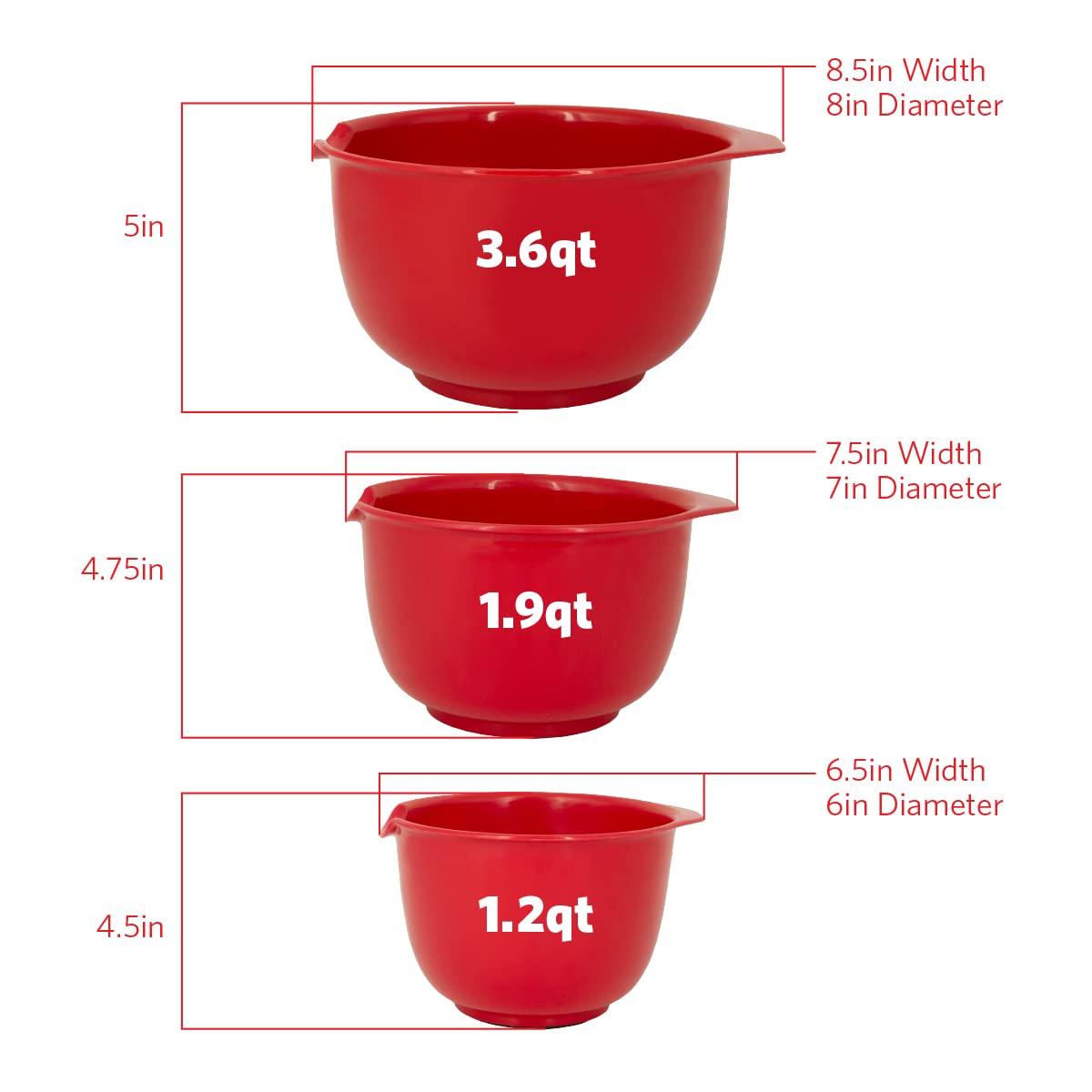 Glad Mixing Bowls with Pour Spout, Set of 3 | Nesting Design Saves Space | Non-Slip, BPA Free, Dishwasher Safe | Kitchen Cooking and Baking Supplies, Red