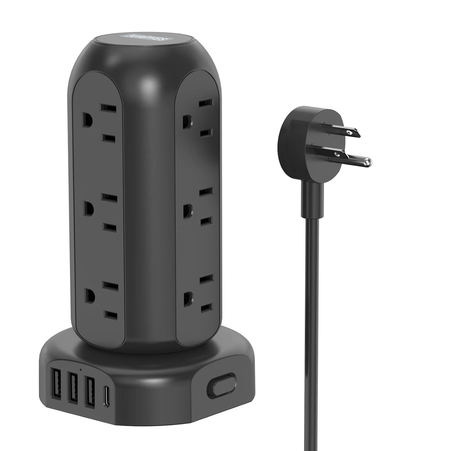 Surge Protector Power Strip Tower, 6.5ft Long Extension Cord with 4 USB (1-USB C) and 12 AC Multiple Outlets for Home Office Dorm Room