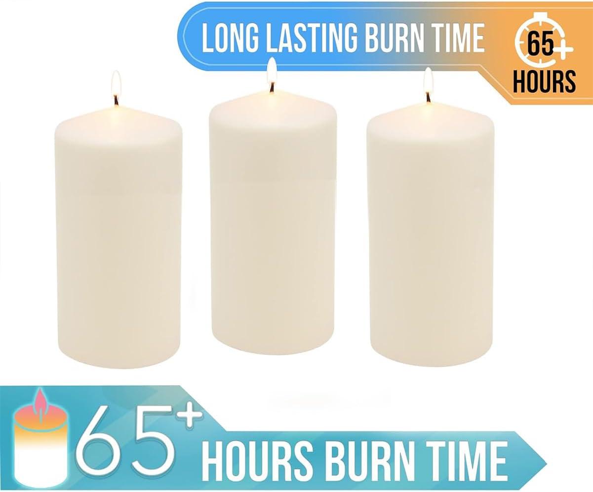 Stonebriar 3pk Tall 3'' x 6'' 65 Hour Long Burning Unscented Ivory Wax Pillar Candle