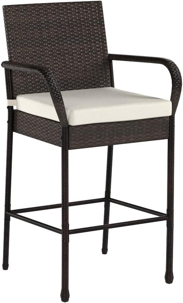 Bar Stools 30'' Bar Height Outdoor Modern Seat with Beige Cushions, Set of 2 Chairs, Brown Wicker