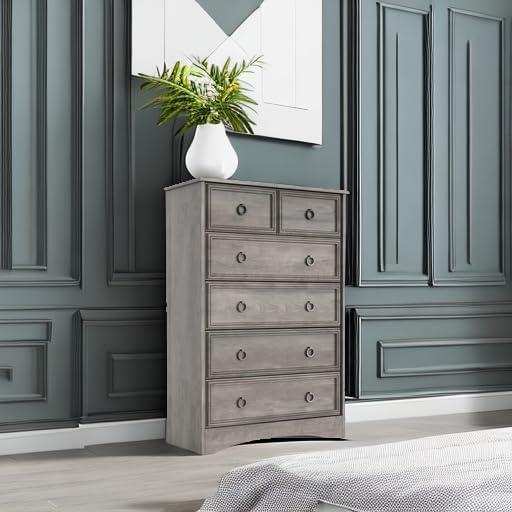 6 Drawer Dresser, Tall Wood Chest of Drawers Dressers for Bedroom, Living Room, Gray