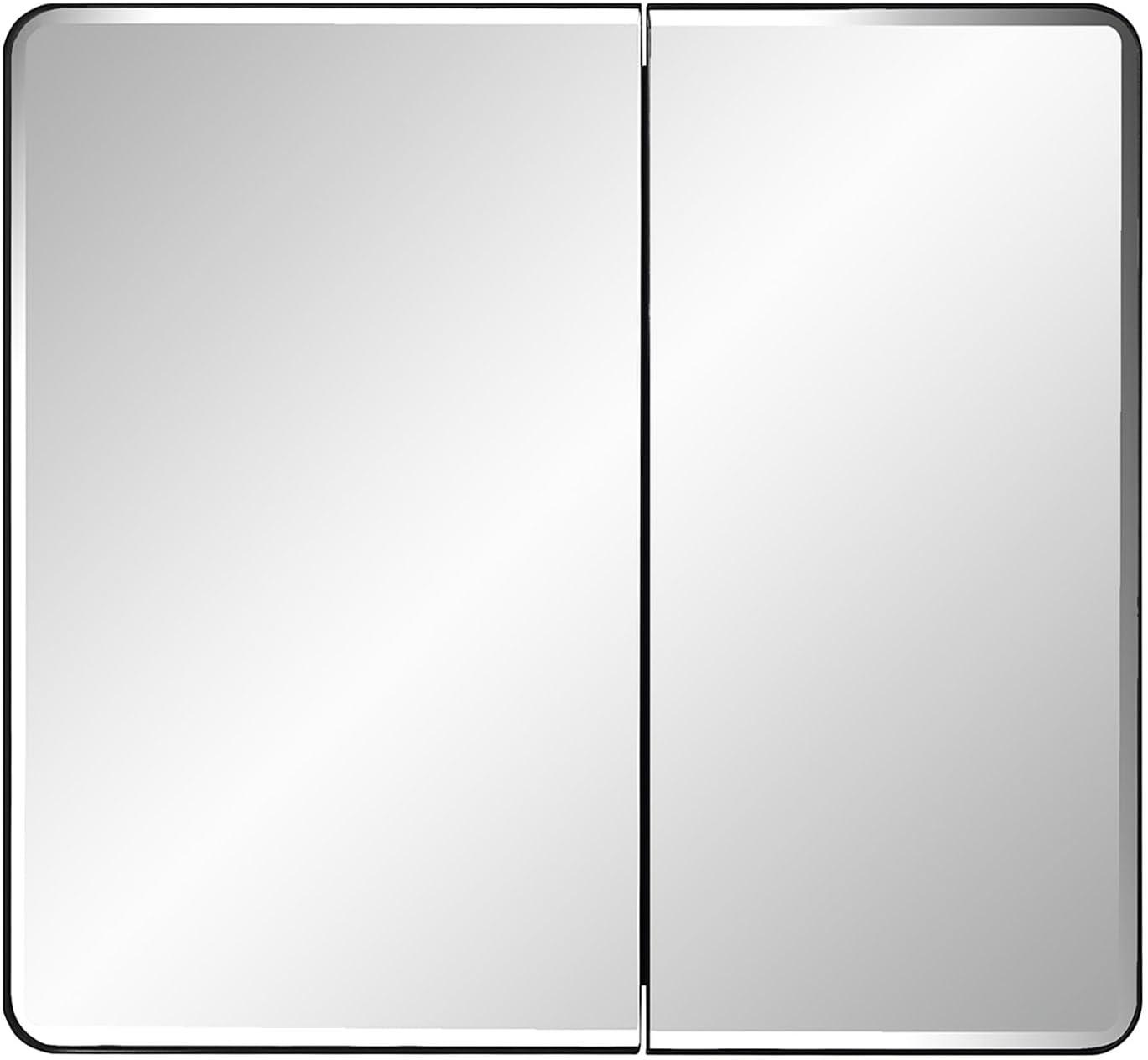 Black Bathroom Medicine Cabinet with Round Corner Framed Door and Beveled Edge Mirror 22 x 20 inch, Recessed or Surface Mount, with Adjustable Glass Shelves