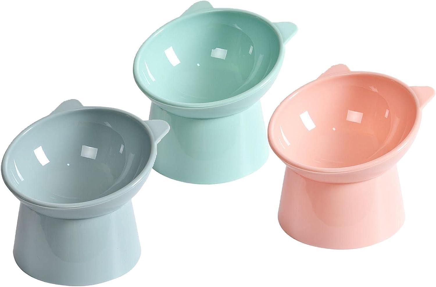 Elevated Tilted Cat Food Bowls Set in Multicolor Plastic