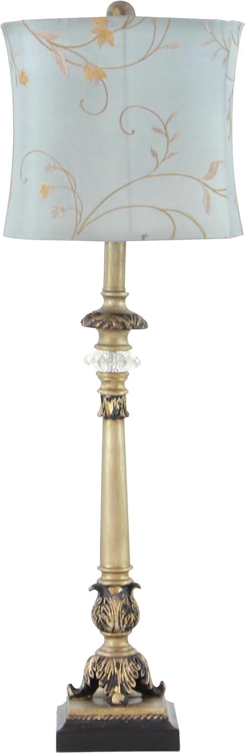 DecMode Antique Style Floral Gold Buffet Lamp with Blue Fabric Shade (2 Count)