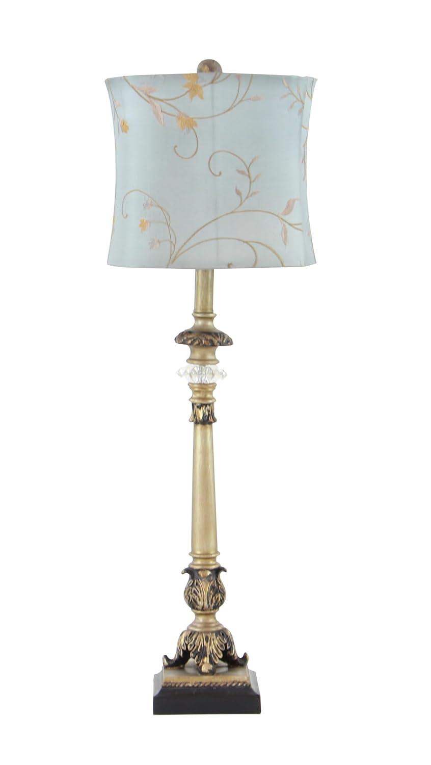 DecMode Antique Style Floral Gold Buffet Lamp with Blue Fabric Shade (2 Count)