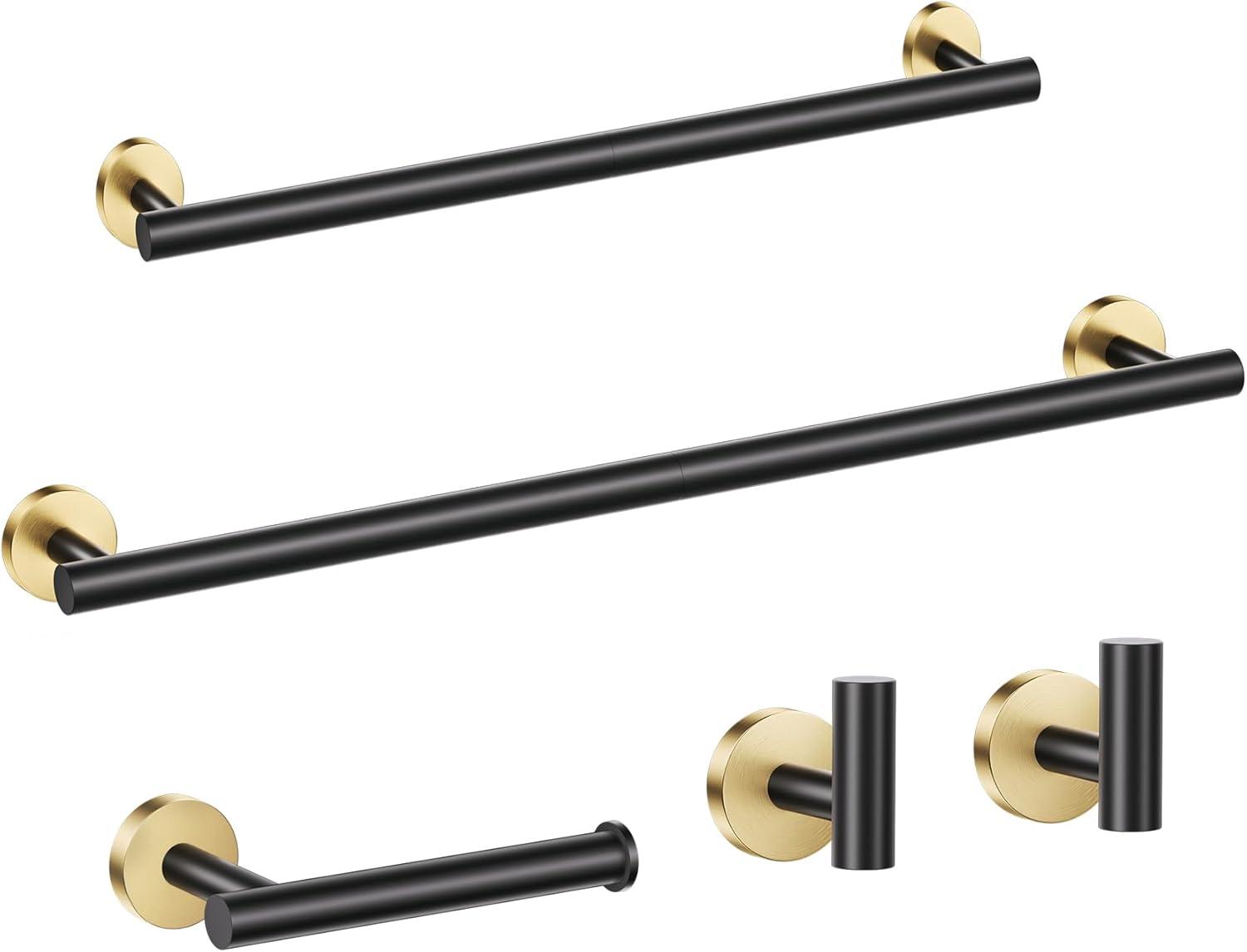 5 Pieces Black Gold Bathroom Hardware Set, 23.6 Inches Bathroom Towel Rack Set Bath Towel Bar Set, SUS304 Stainless Steel Bathroom Accessories Kit Wall Mounted