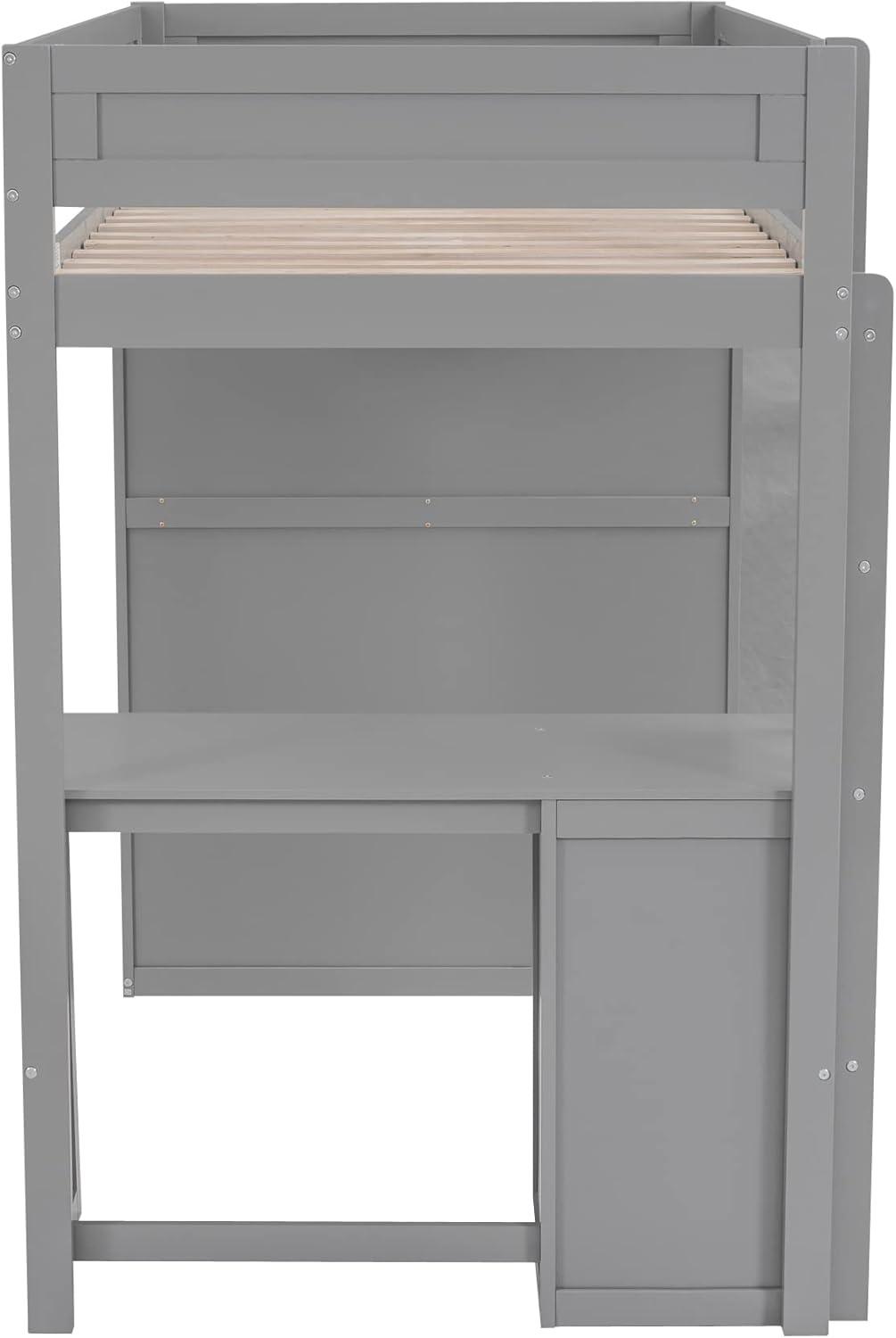 Harper & Bright Designs Twin Size Loft Bed with Wardrobes and Desk, Solid Wood Loft Bed Frame with 2 Storage Drawers Cabinet, for Kids Teens Adults (Gray)