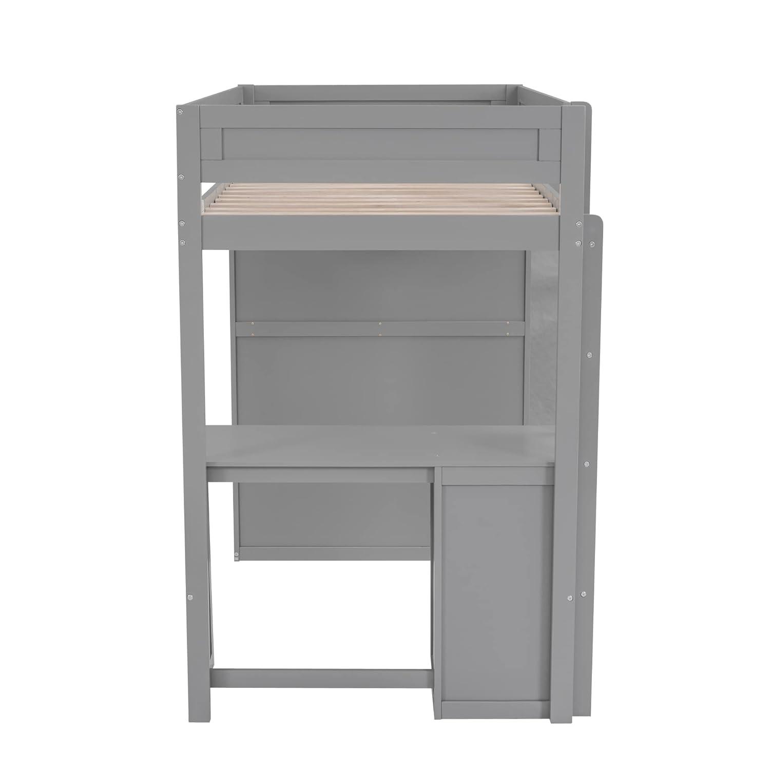 Harper & Bright Designs Twin Size Loft Bed with Wardrobes and Desk, Solid Wood Loft Bed Frame with 2 Storage Drawers Cabinet, for Kids Teens Adults (Gray)