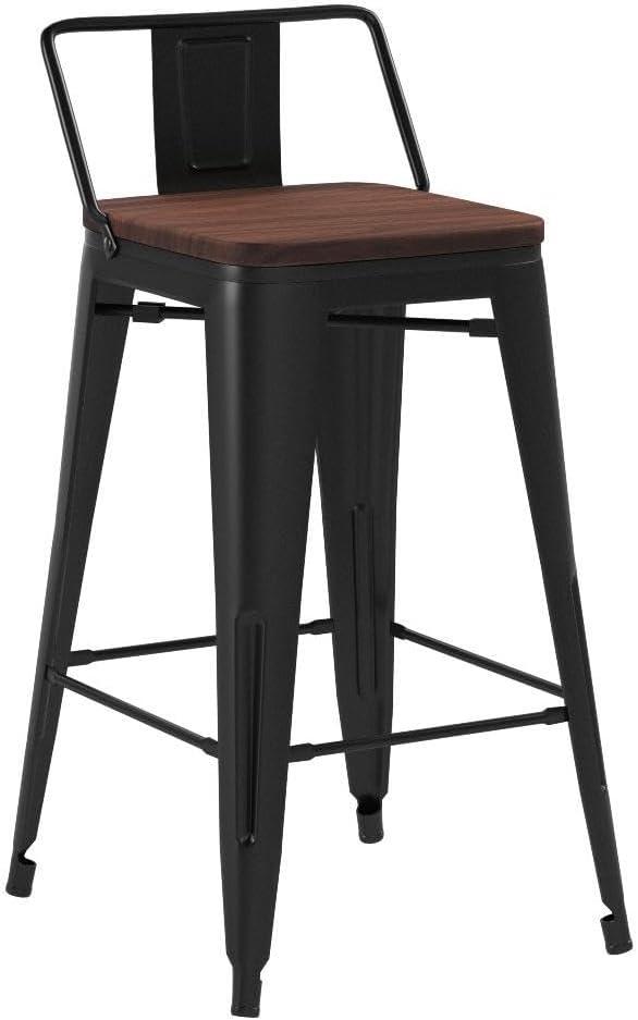 Alieon Bar Stools Set of 4 Counter Height Stools Industrial Metal Barstools with Wooden Seats (24 Inch, Matte Black)