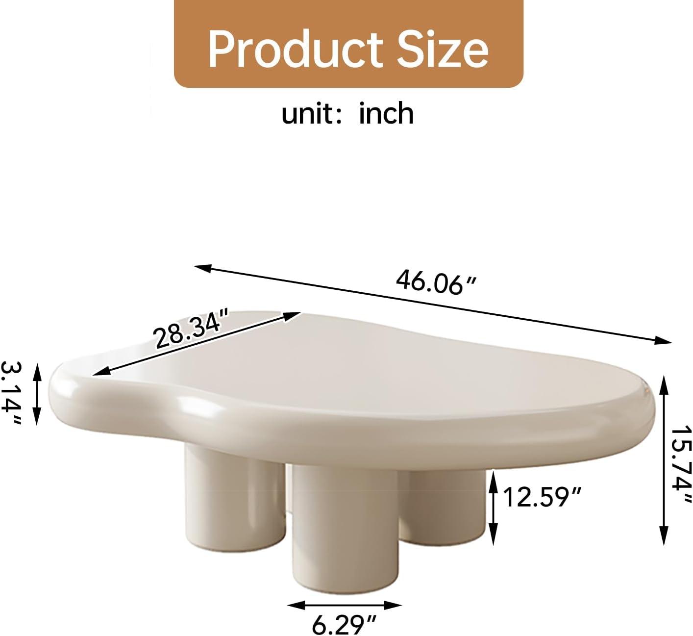 Guyii 41.02" Cream White Cloud Coffee Table, Irregular Coffee Table with 3 Legs for Living Room, Office
