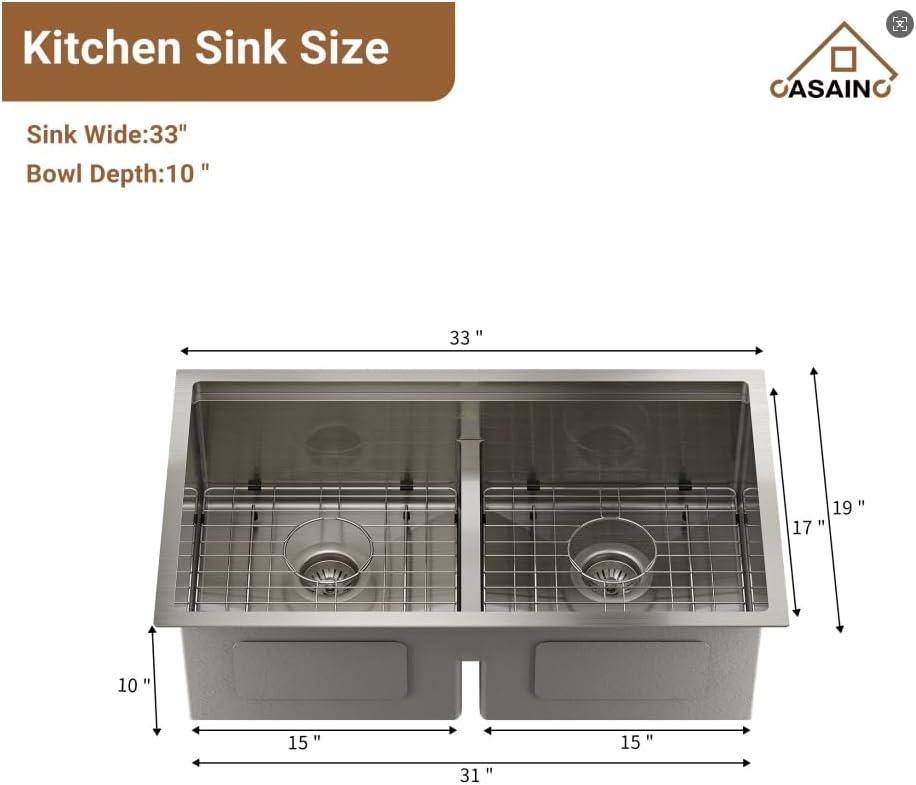 CASAINC Undermount Kitchen Sink Workstation - 33x19x10 Double Bowl Kitchen Sink,16 Gauge Multifunctional Step Kitchen Sinks Set, Nano Material Stainless Steel Sink with Accessories(Pack of 5)
