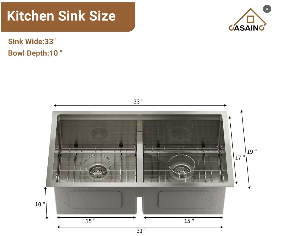 CASAINC Undermount Kitchen Sink Workstation - 33x19x10 Double Bowl Kitchen Sink,16 Gauge Multifunctional Step Kitchen Sinks Set, Nano Material Stainless Steel Sink with Accessories(Pack of 5)