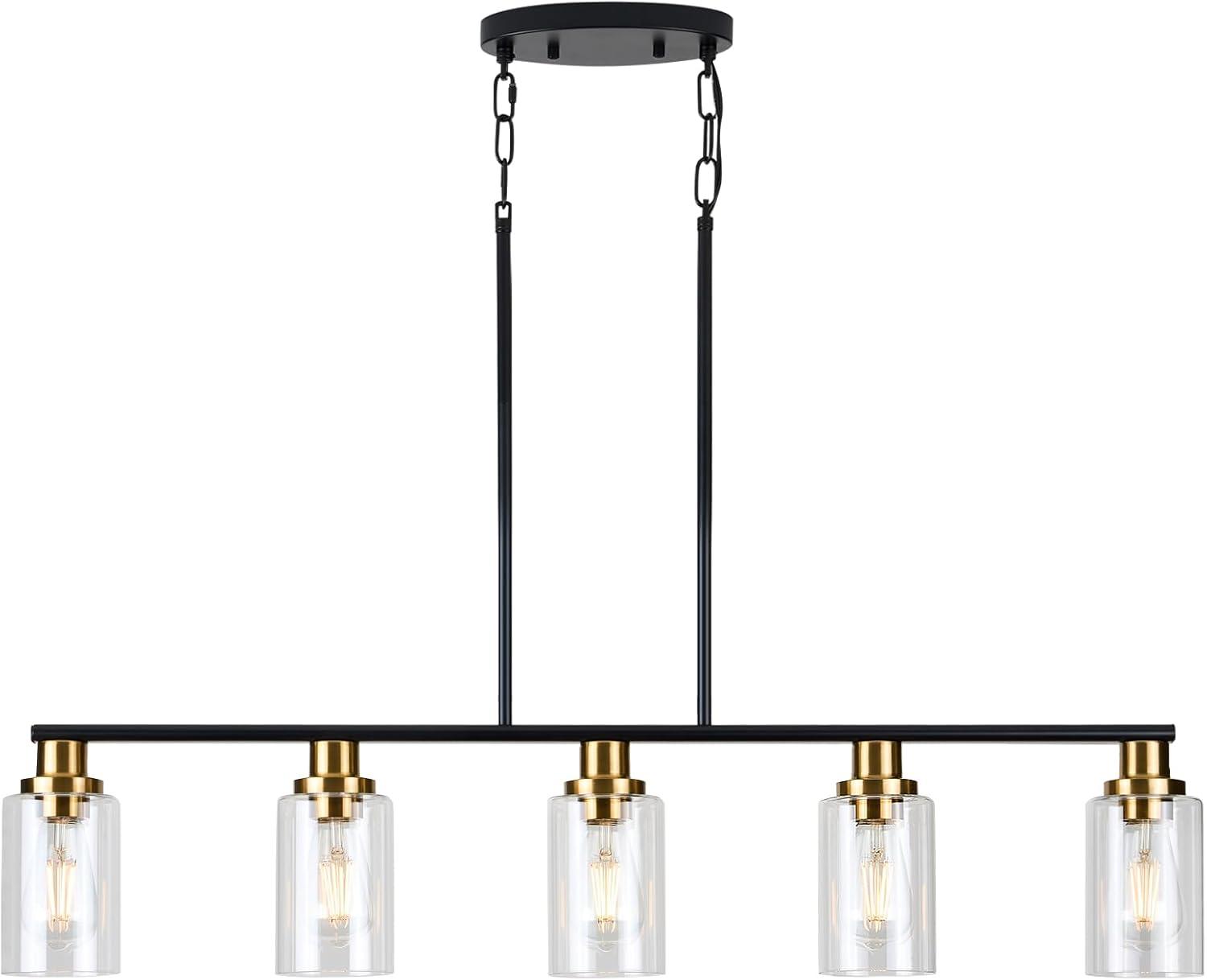 Modern Black and Brass 5-Light Island Chandelier with Glass Shades