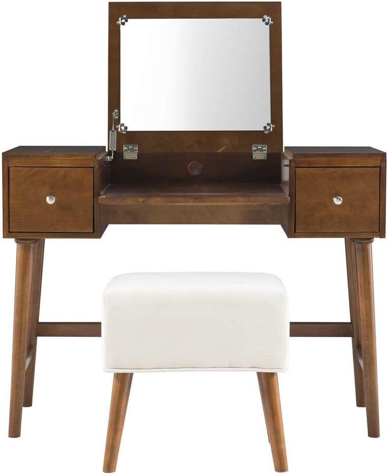 Viola Mid-Century Modern Flip-up Mirror 2 Drawer Vanity and Upholstered Stool Brown - Linon: Rubberwood, MDF, Lift-Top Storage