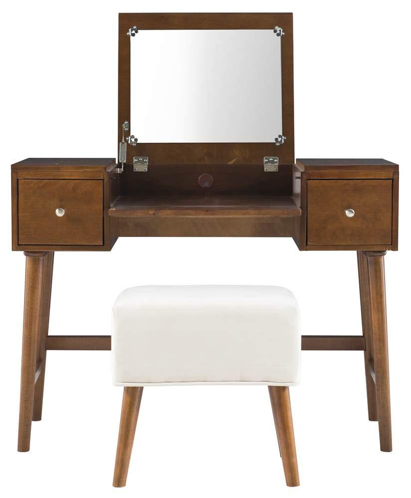 Viola Mid-Century Modern Flip-up Mirror 2 Drawer Vanity and Upholstered Stool Brown - Linon: Rubberwood, MDF, Lift-Top Storage